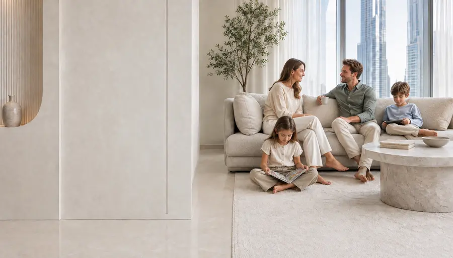 A family sitting together in the living room of a Dubai apartment, with the city skyline through the window
